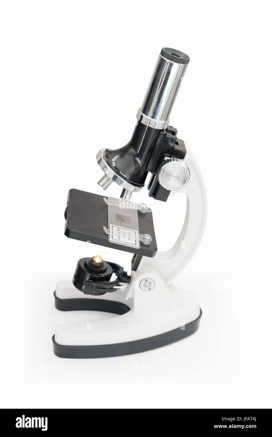 Microscopio isolato su bianco Foto Stock