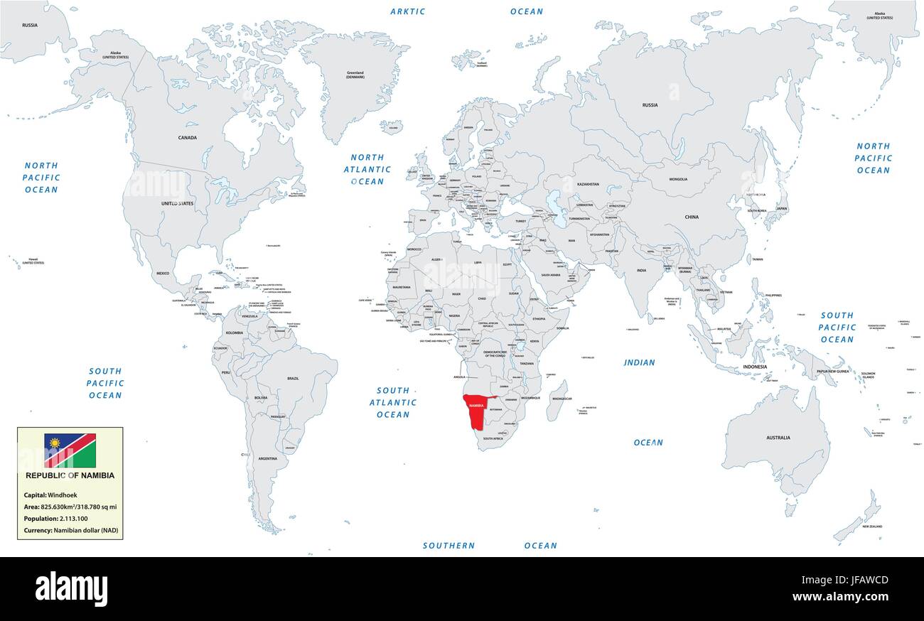 Mappa del mondo con la Namibia, piccola casella di informazioni e flag Illustrazione Vettoriale