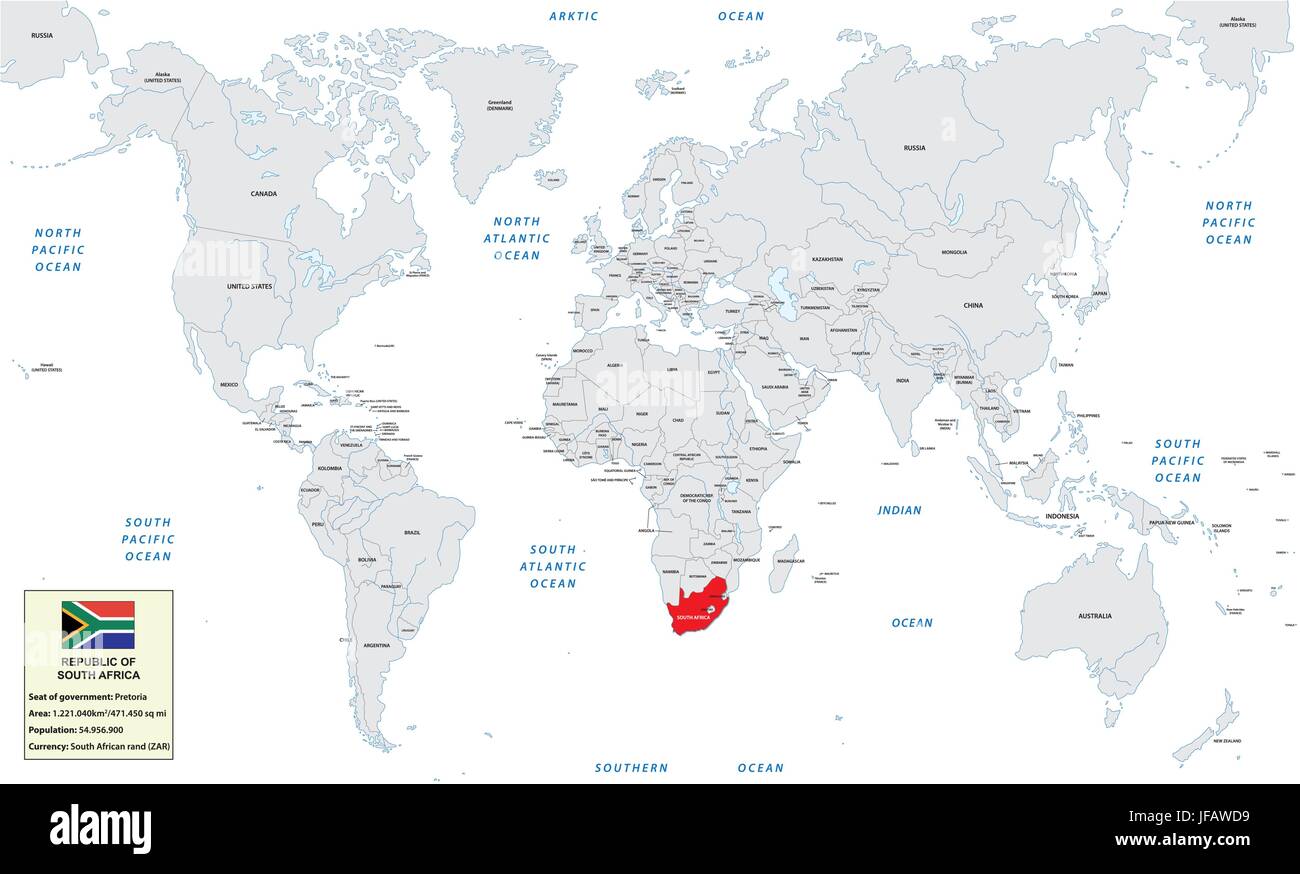Mappa del mondo con la Repubblica del Sud Africa, piccola casella di informazioni e flag Illustrazione Vettoriale