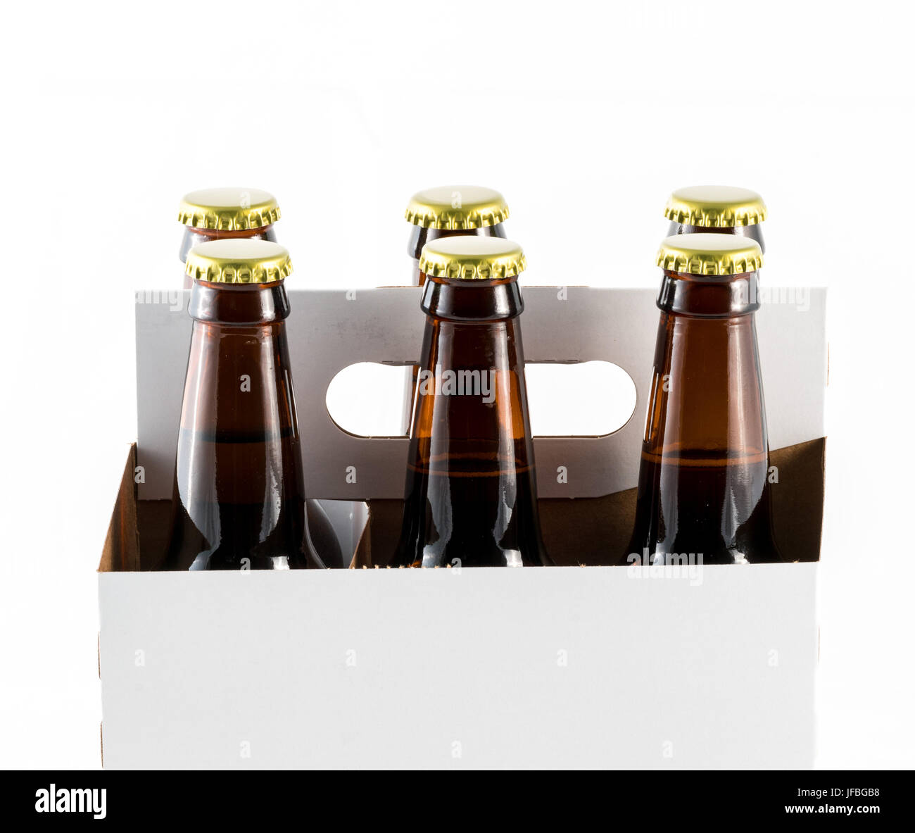 Sei bottiglie di birra nel vettore di cartone Foto Stock