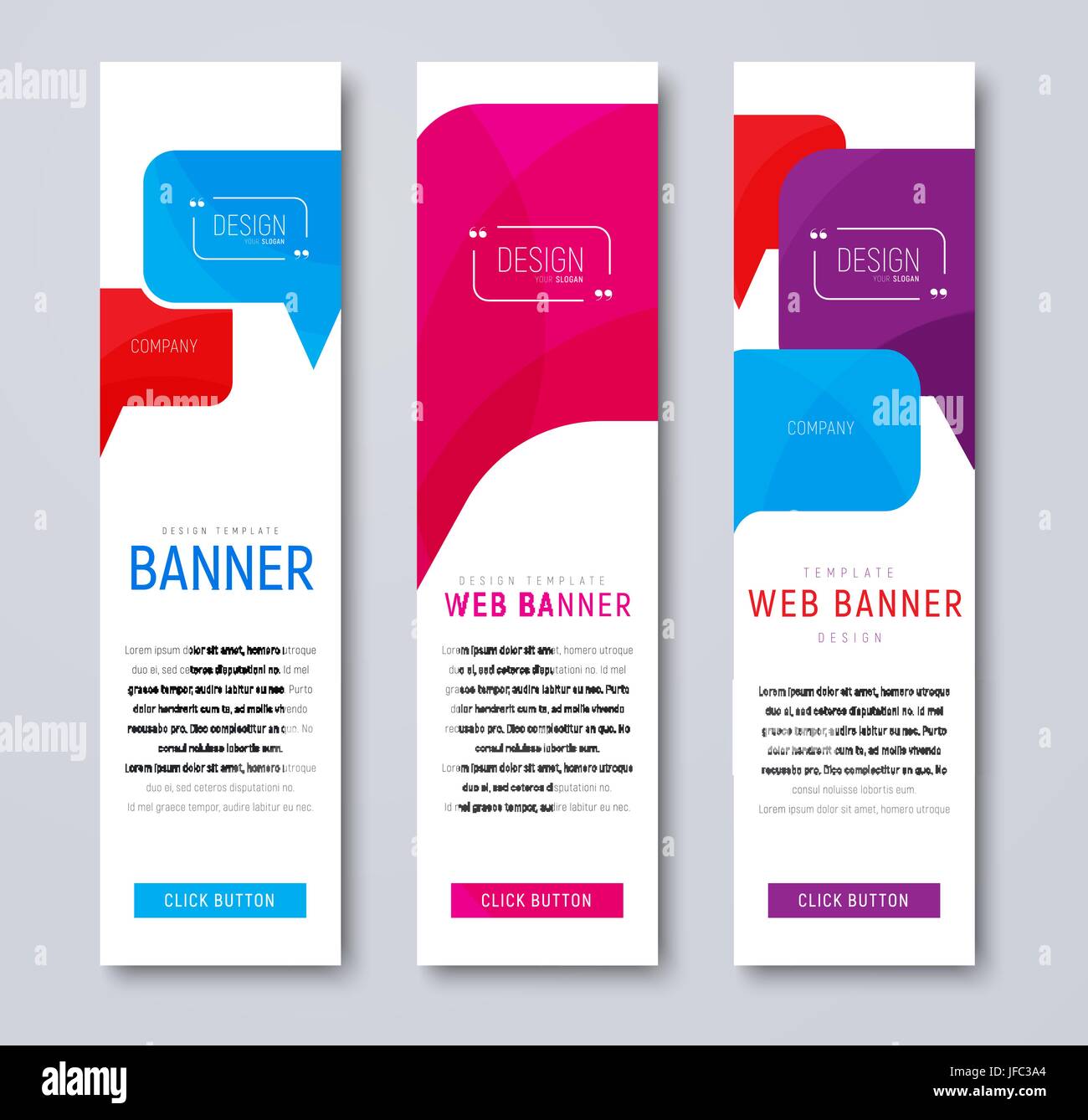 Set di banner per il web con bolle colorate di parlare e quantificazione. Verticale modello flyer con testo e pulsante. Illustrazione Vettoriale Illustrazione Vettoriale