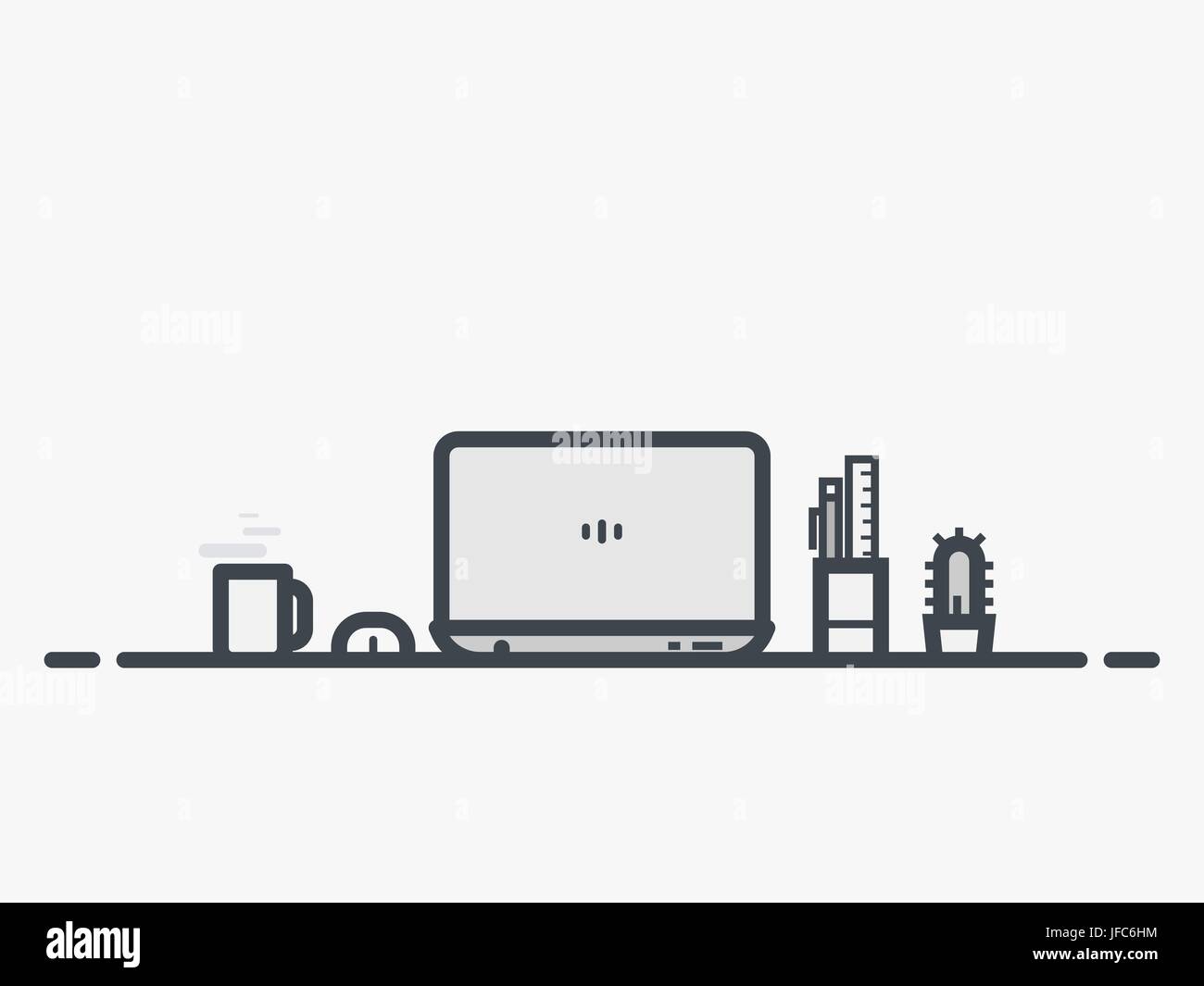 Tabella area di lavoro con il computer portatile Illustrazione Vettoriale