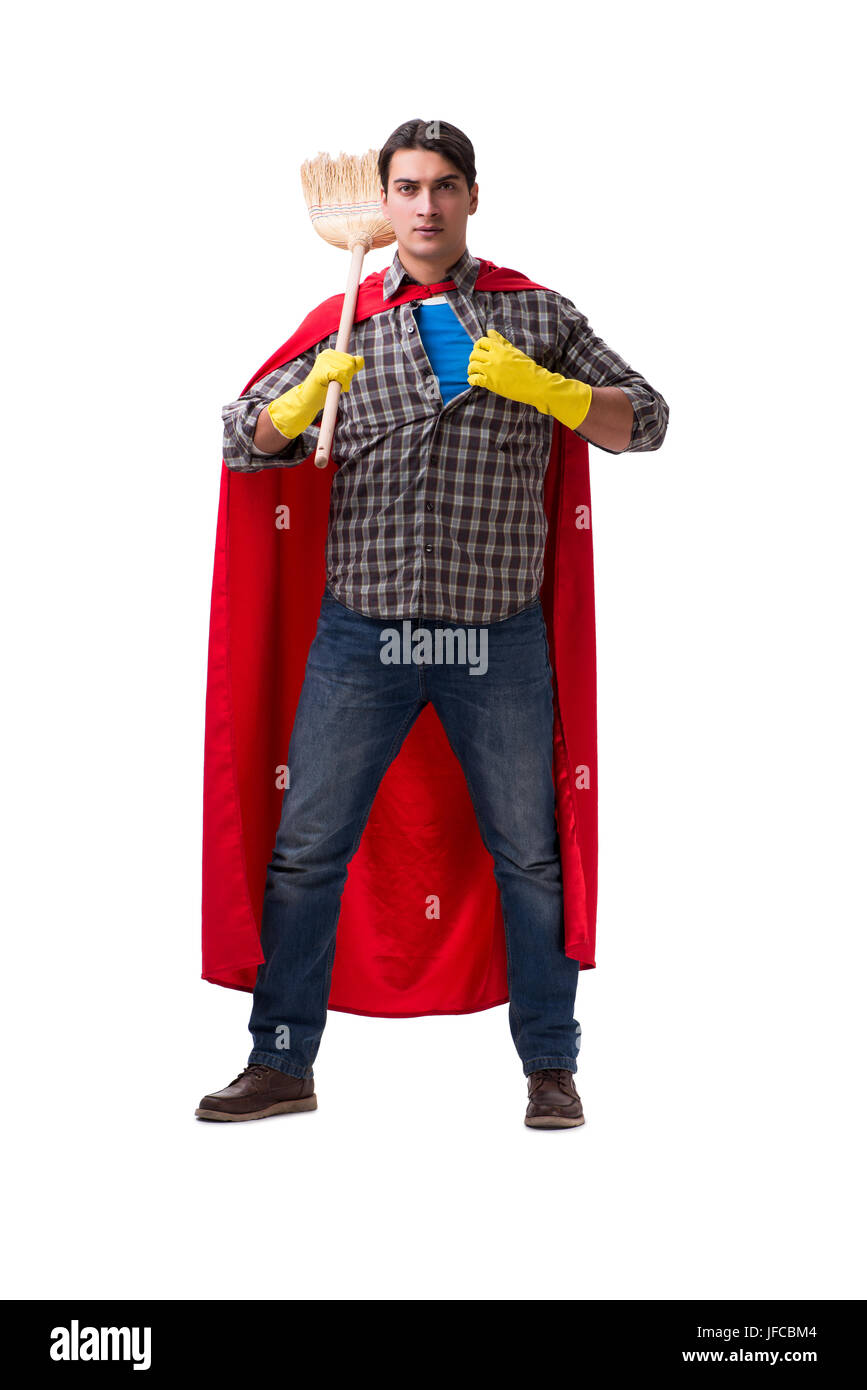Super Hero cleaner isolato su bianco Foto Stock