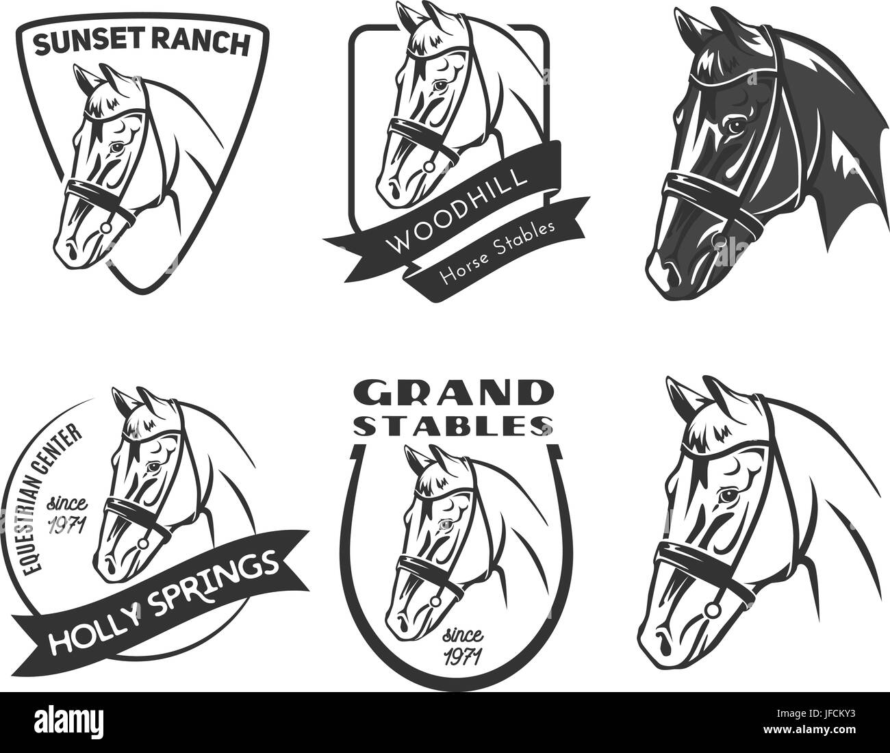 Set di cavallo eqestrian logo centrale, stemmi ed emblemi isolati su sfondo bianco. Stalle per cavalli o cavallo ranch gli elementi di design. Illustrazione Vettoriale