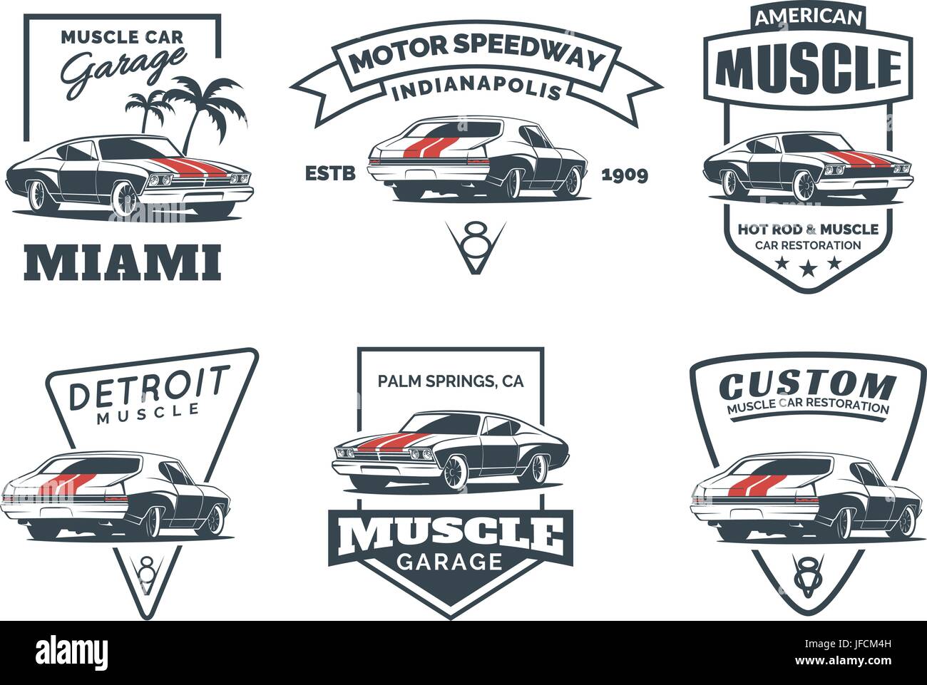 Set di classic muscle car logo, emblemi, stemmi e icone isolati su sfondo bianco. Servizio di riparazione auto, auto restauro e automobile club elemen design Illustrazione Vettoriale