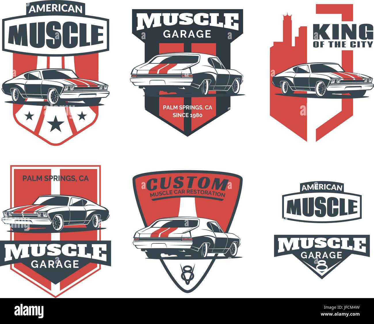 Set di classic muscle car logo, emblemi, stemmi e icone isolati su sfondo bianco. Servizio di riparazione auto, auto restauro e automobile club elemen design Illustrazione Vettoriale