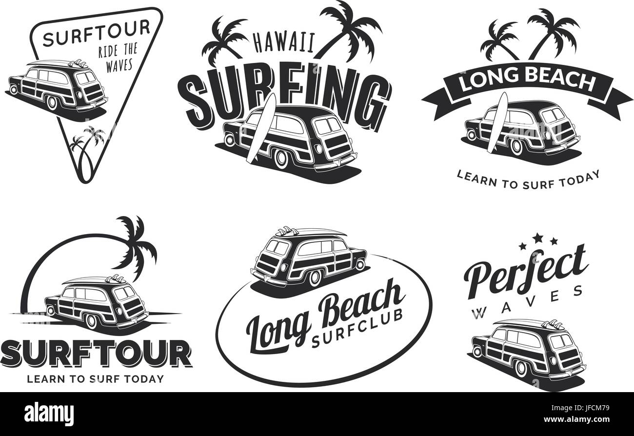 Set di vintage surf Auto Etichette, scudetti e gli emblemi. Vecchia scuola di auto con la tavola da surf. Il logo del vettore. Illustrazione Vettoriale