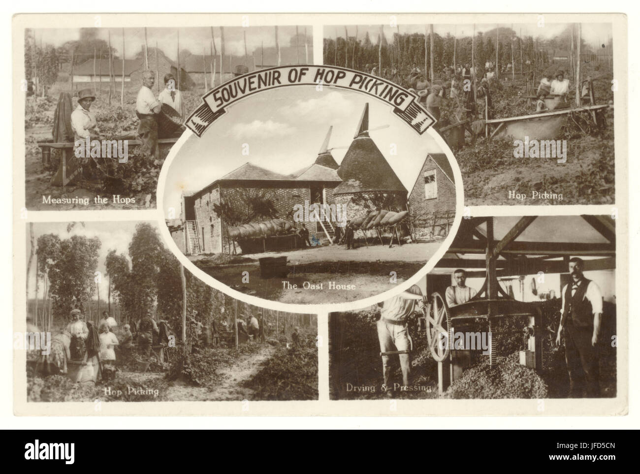 Multi-view cartolina ricordo raffigurante Kentish hop picking, il Oast House, misurando il luppolo, essiccazione e pressatura. Alcune delle immagini sono da precedenti eventualmente il 1920, pubblicato da Kent, Agosto 1932 Foto Stock