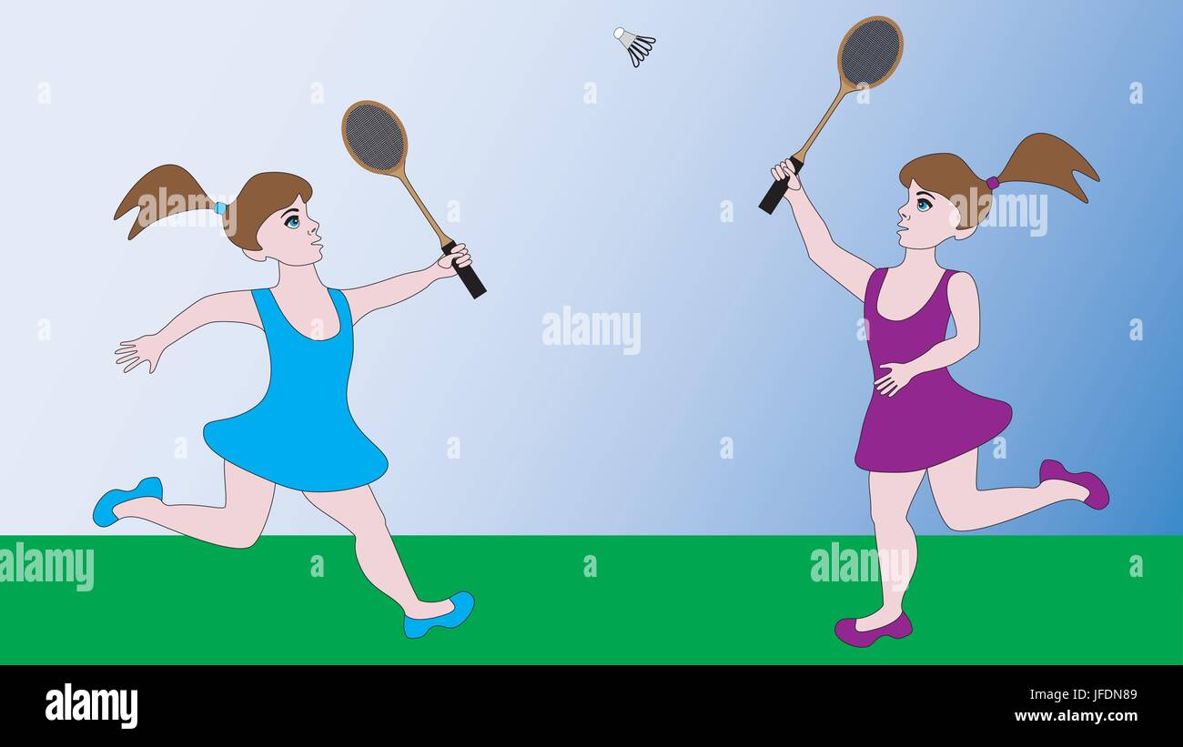 Due ragazze giocare un gioco di sport badminton. Illustrazione Vettoriale