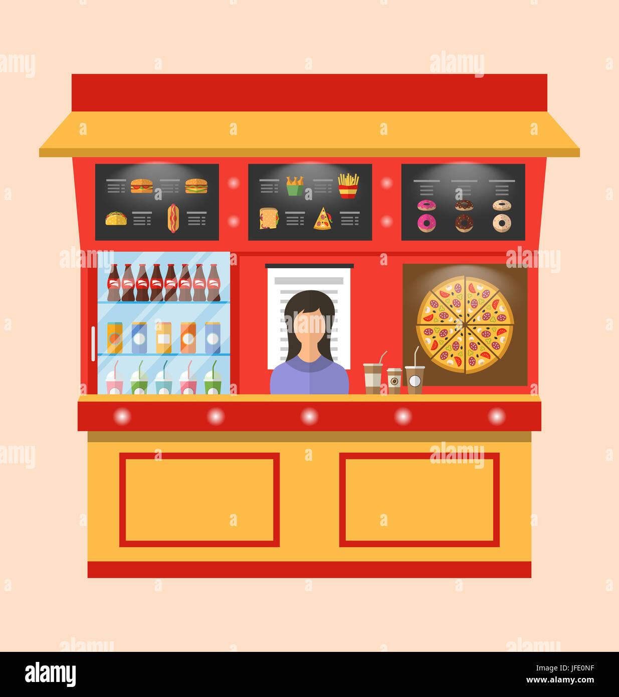 Illustrazione Vetrina negozio di fast food con il venditore, semplice e moderno design - Foto Stock