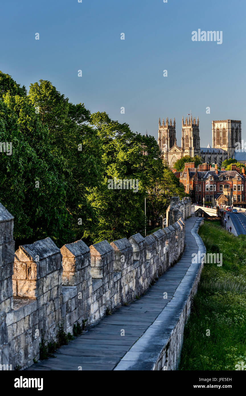Le mura medievali e York Minster (la Cattedrale Metropolitical e Chiesa di San Pietro), York, Yorkshire, Inghilterra, Regno Unito Foto Stock