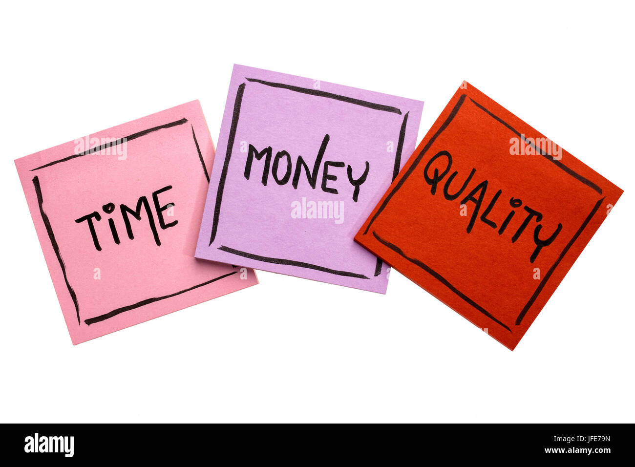 Tempo, denaro, il concetto di qualità - la grafia in inchiostro nero su isolato sticky notes Foto Stock
