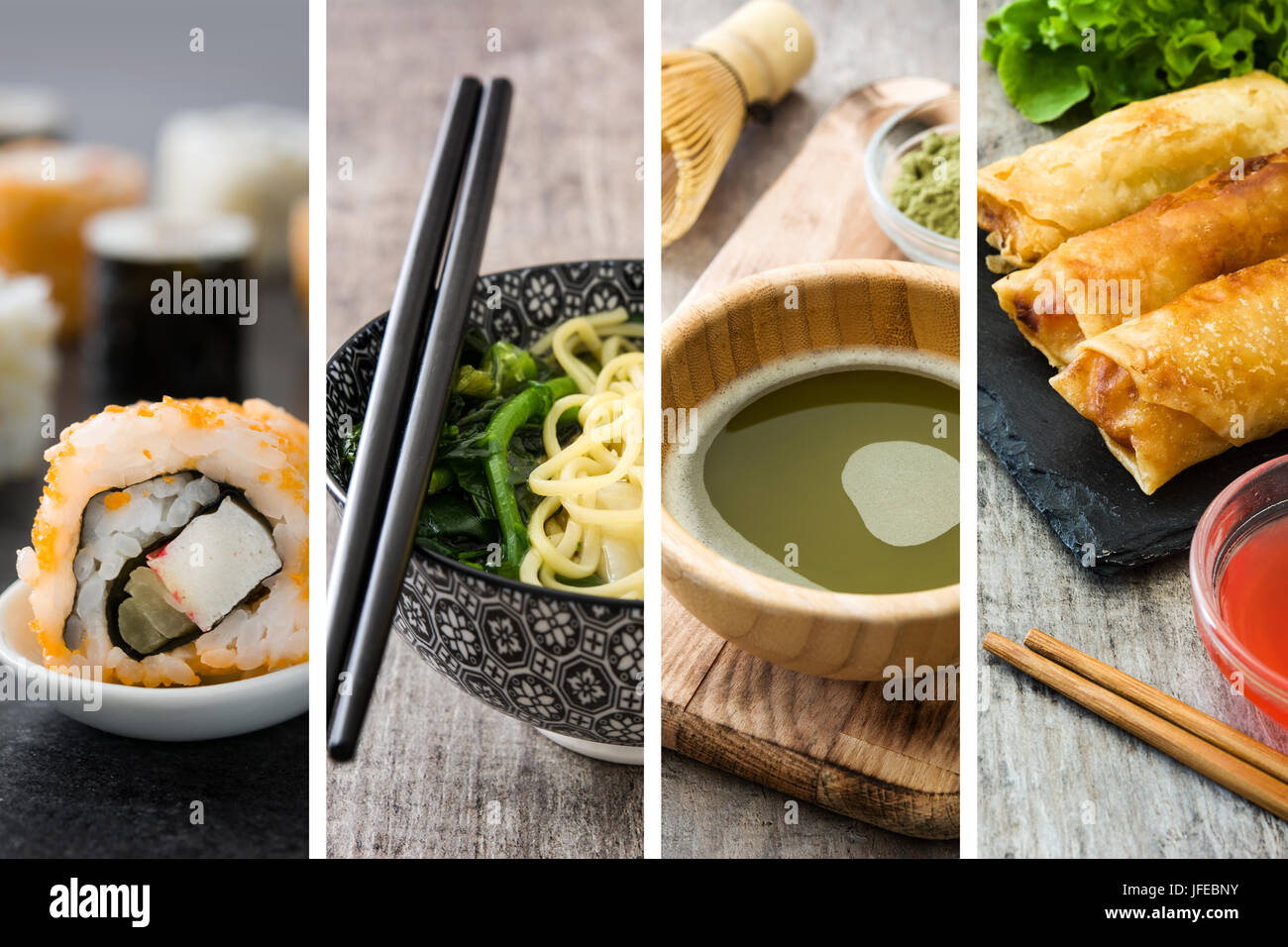 Cibo cinese collage con sushi, Verde matcha tè, fagottini zuppa e involtini primavera Foto Stock
