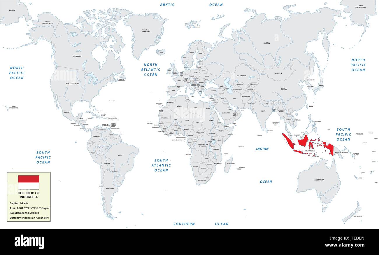Mappa del mondo con la Repubblica di Indonesia, piccola casella di informazioni e flag Illustrazione Vettoriale