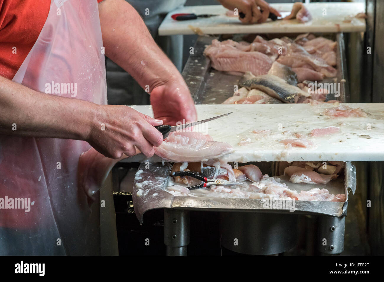 Charlevoix, Michigan - Lavoratori pulire e filetto coregoni presso la John Cross Mercato del Pesce. I pesci sono stati catturati nel lago Michigan. Foto Stock