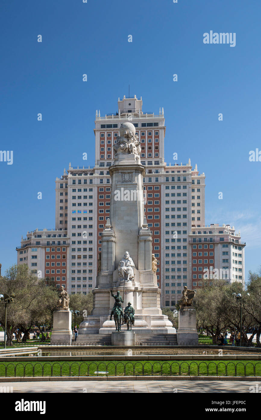 Spagna, città di Madrid, España, monumento Cervantes (Don Quijote) Foto Stock