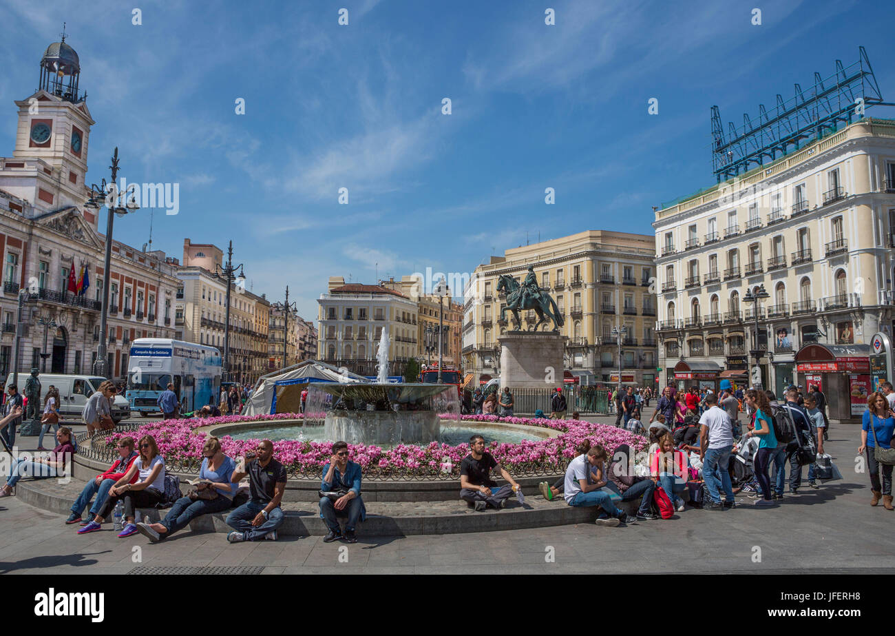 Spagna, Madrid City, la Porta del Sole piazza (Piazza Puerta del Sol), al centro di Madrid, Foto Stock