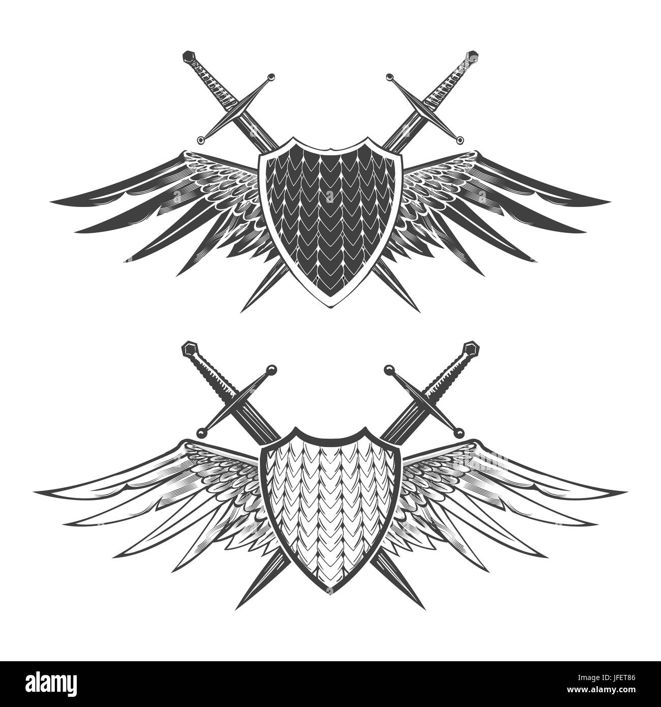 Due schermi con le spade e le ali. Cavaliere araldico o elementi di design. Illustrazione di vettore isolato su bianco. Illustrazione Vettoriale