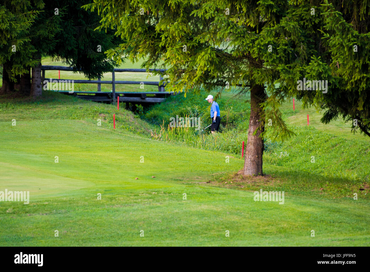 Giocatore di Golf, rivolta lontano dal visualizzatore, ricerca di palla persa nel flusso di acqua e di erba alta Foto Stock