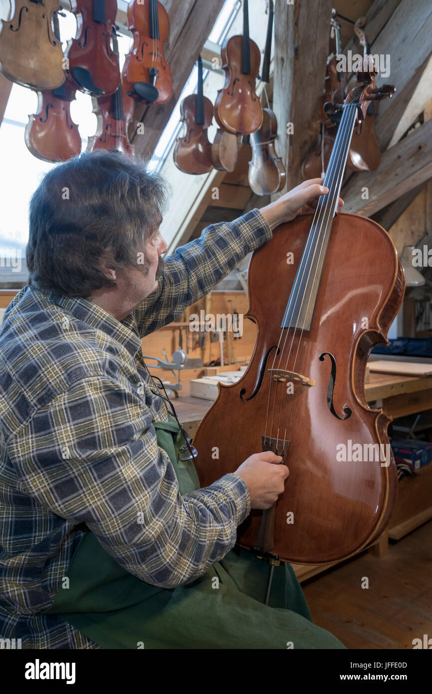 lavoratore che ripara il violino in officina Foto Stock