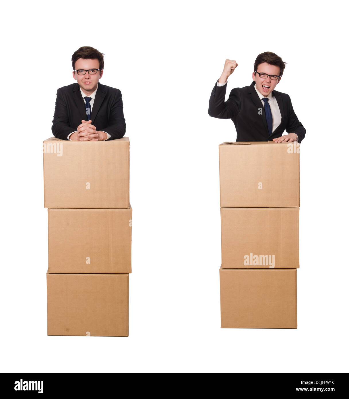 Funny Man con scatole isolato su bianco Foto Stock