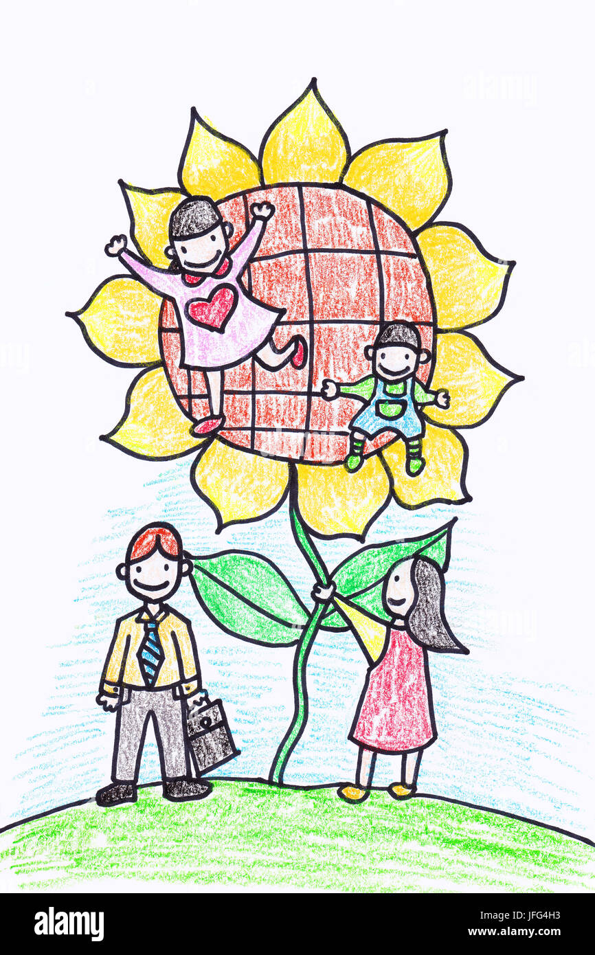 Otto anni crayon Childs disegno della loro famiglia Foto Stock