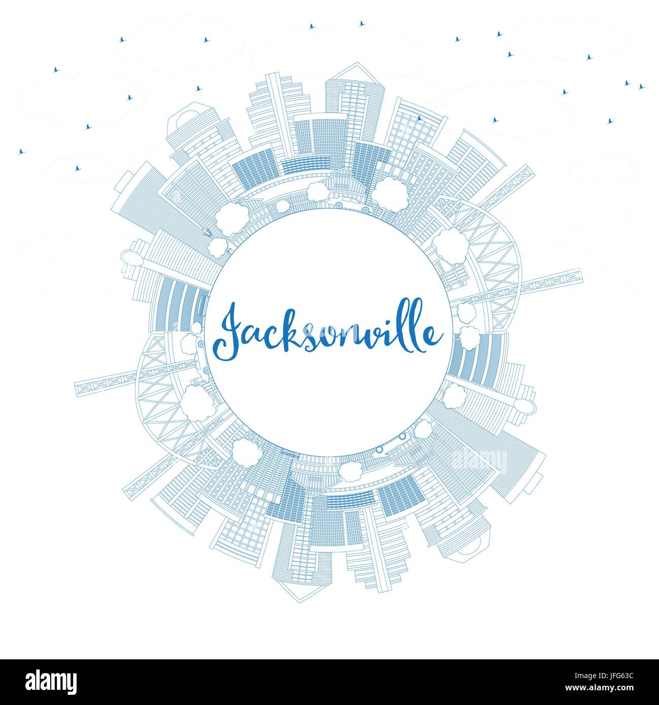 Delineare Jacksonville Skyline con edifici blu e copia di spazio. Illustrazione Vettoriale. Viaggi di affari e di turismo con il concetto di architettura moderna. Illustrazione Vettoriale
