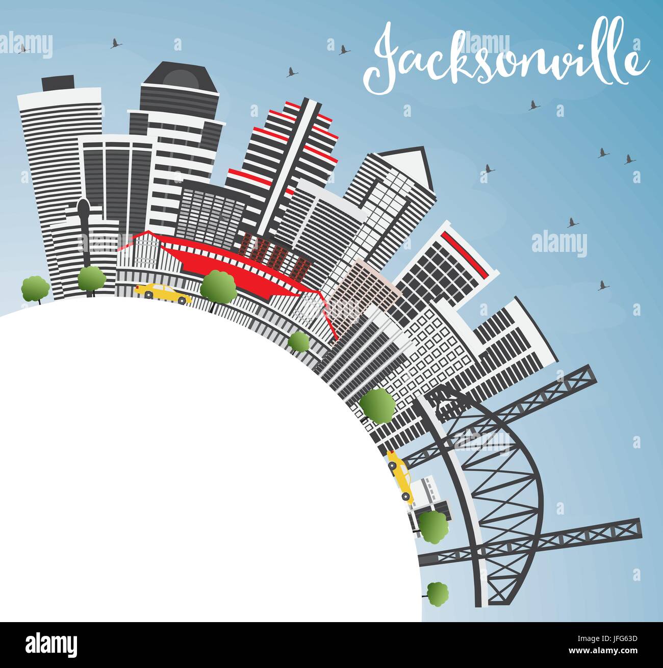 Il Jacksonville skyline con edifici grigi, blu cielo e spazio copia. illustrazione vettoriale. viaggi di affari e di turismo con il concetto di architettura moderna. Illustrazione Vettoriale