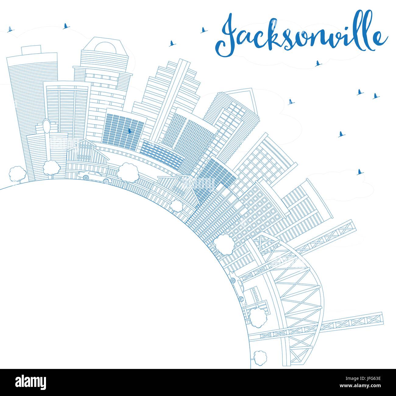 Delineare Jacksonville Skyline con edifici blu e copia di spazio. Illustrazione Vettoriale. Viaggi di affari e di turismo con il concetto di architettura moderna. Illustrazione Vettoriale