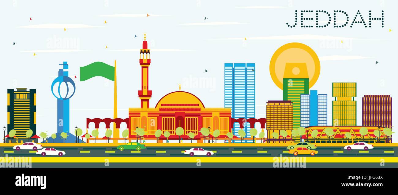 Jeddah skyline con edifici di colore e cielo blu. illustrazione vettoriale. business viaggi e turismo concetto con edifici moderni. Illustrazione Vettoriale
