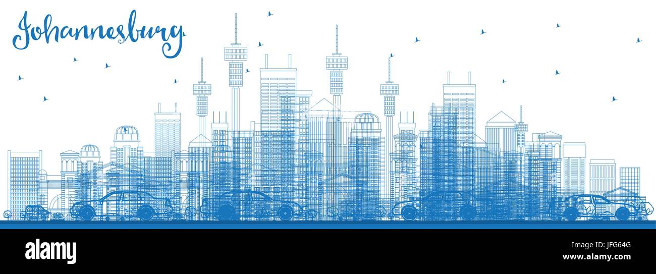 Profilo dello Skyline di Johannesburg con edifici blu. Illustrazione Vettoriale. Viaggi di affari e di turismo con il concetto di Johannesburg edifici moderni. Illustrazione Vettoriale
