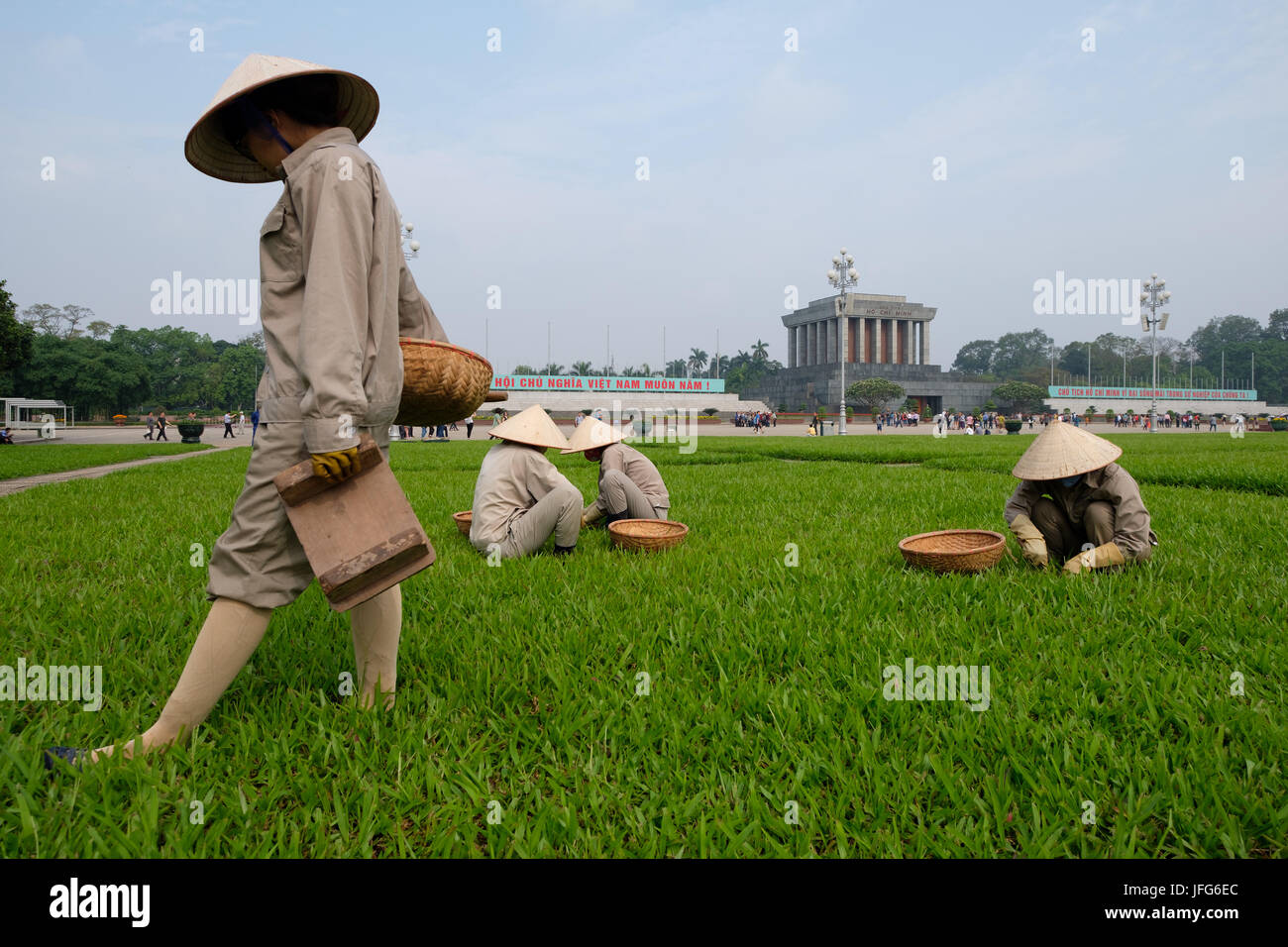 Giardinieri di prendersi cura del prato del Ba Dinh piazza, di fronte al mausoleo di Ho Chi Minh ad Hanoi, in Vietnam, in Asia Foto Stock