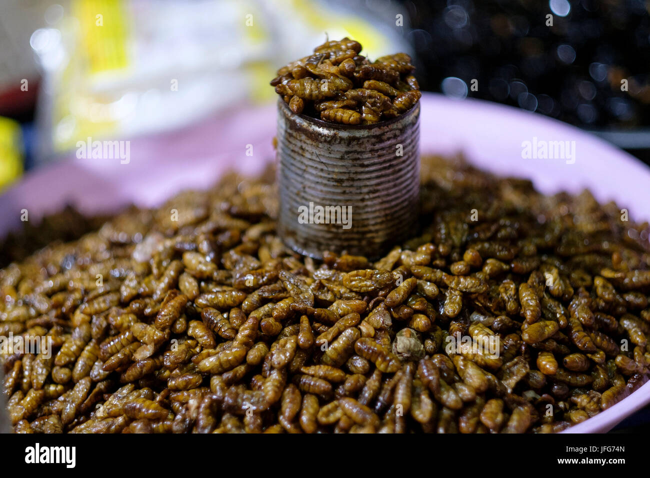 Le larve in vendita come cibo su un mercato all'aperto in Asia Foto Stock