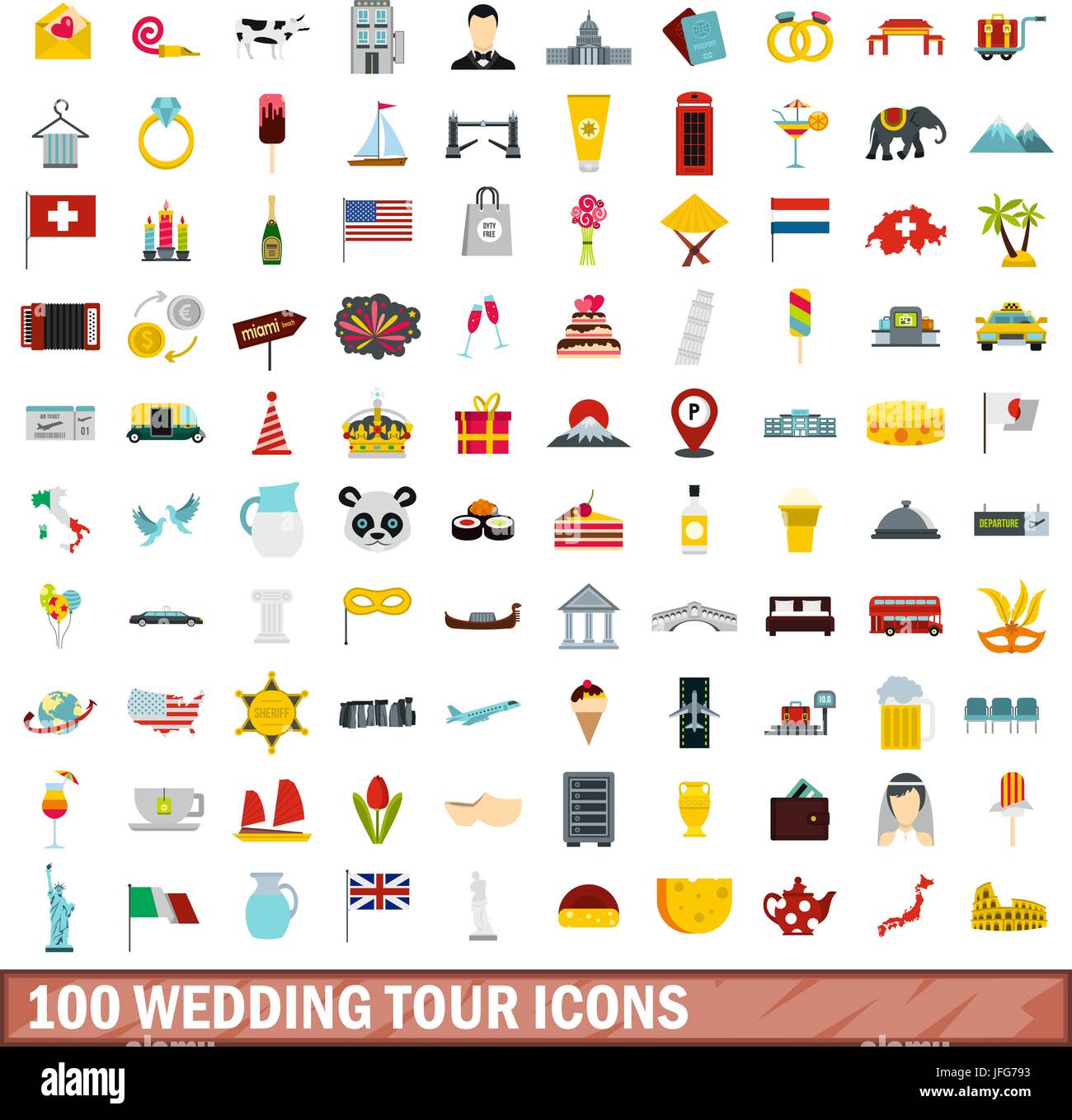 100 wedding tour set di icone di stile di Piana Illustrazione Vettoriale