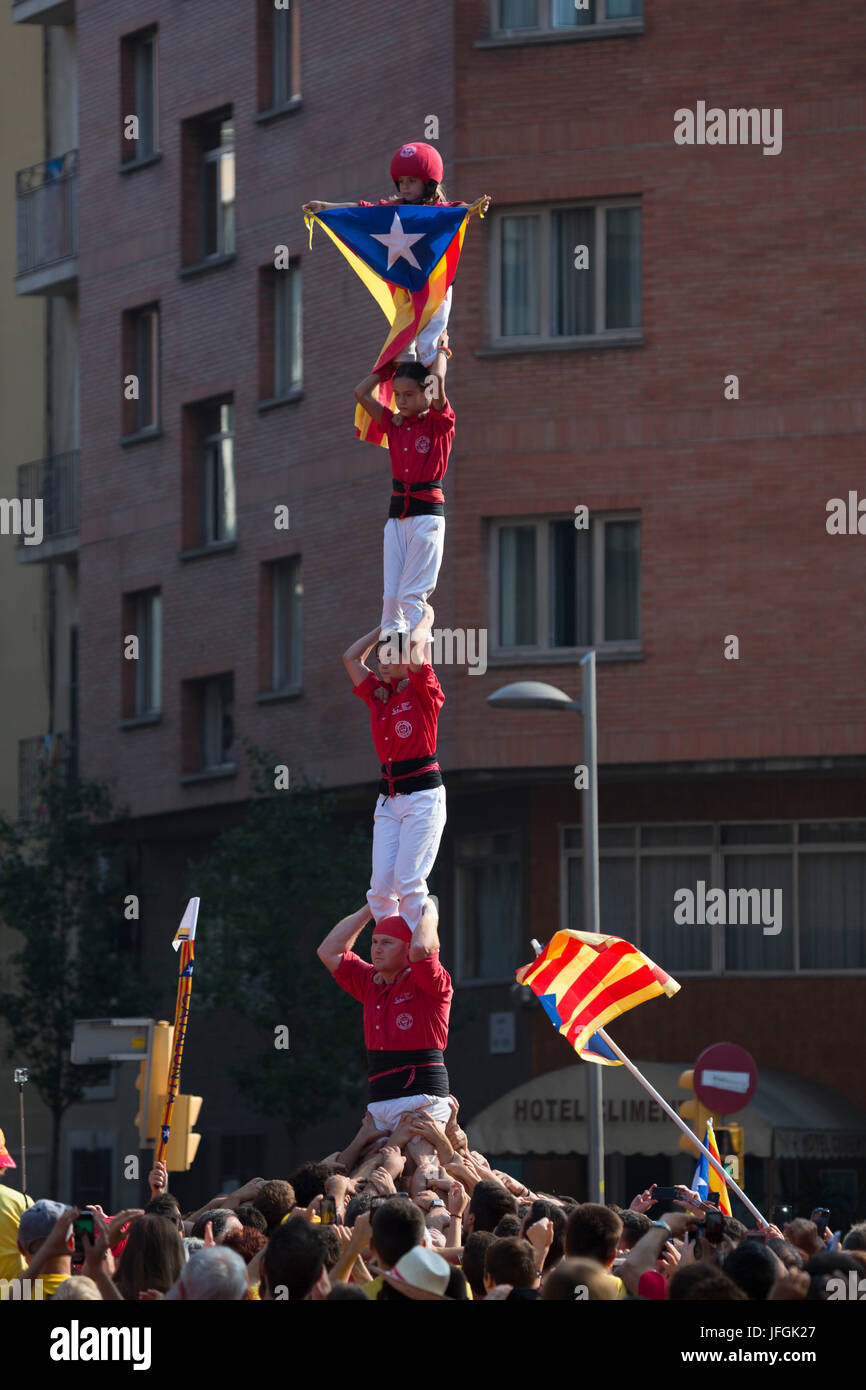 Spagna, Catalunya, Barcelona City, celebrazione Diada 2014, casteller Foto Stock