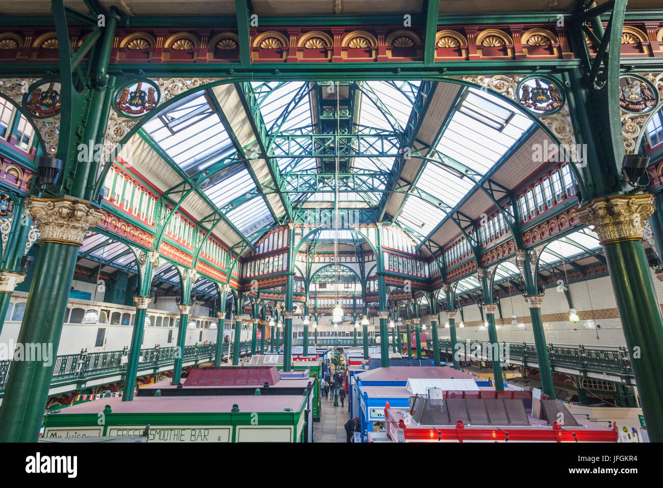 Inghilterra, nello Yorkshire, Leeds, ingresso a Leeds City Market aka Kirkgate Market Foto Stock
