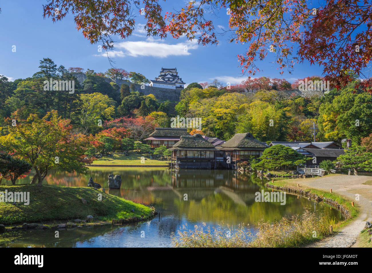 Giappone, Hikone Città Giardino Genkyu e Castello di Hikone Foto Stock