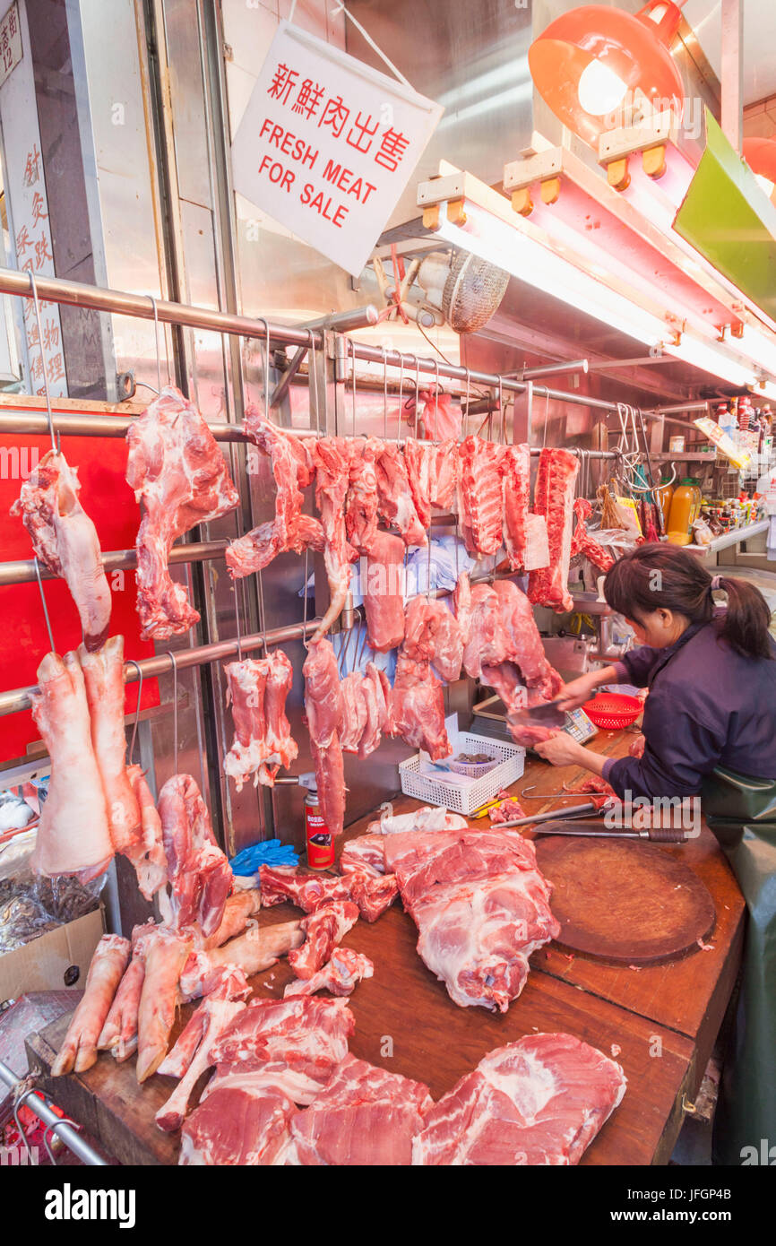 Cina, Hong Kong, Street Market Negozio di carne Foto Stock