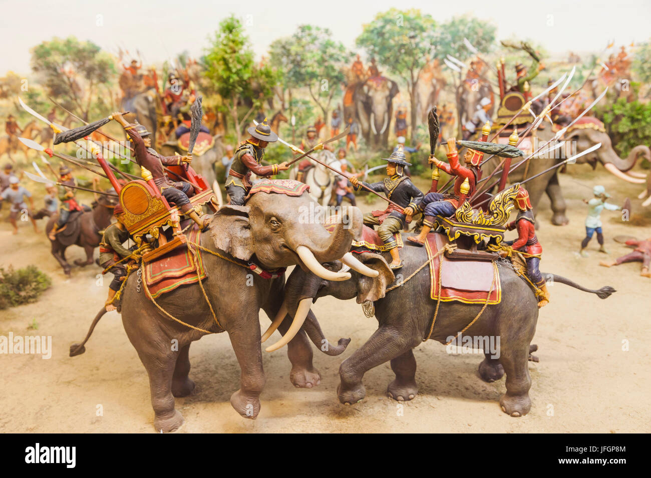 Thailandia, Bangkok, Museo Nazionale di Bangkok, modello del XVI secolo guerra Burmese-Siamese mostra elefanti in battaglia Foto Stock