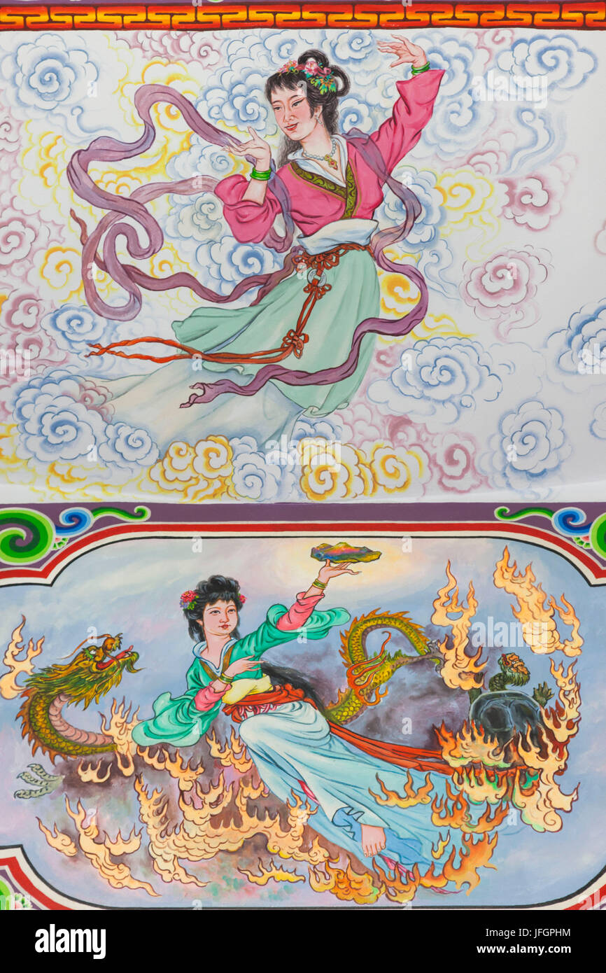 Thailandia, Bangkok, Khaosan Road, Wat Chana Songhram, decorazioni murali raffiguranti fanciulle celeste nella pagoda cinese Foto Stock