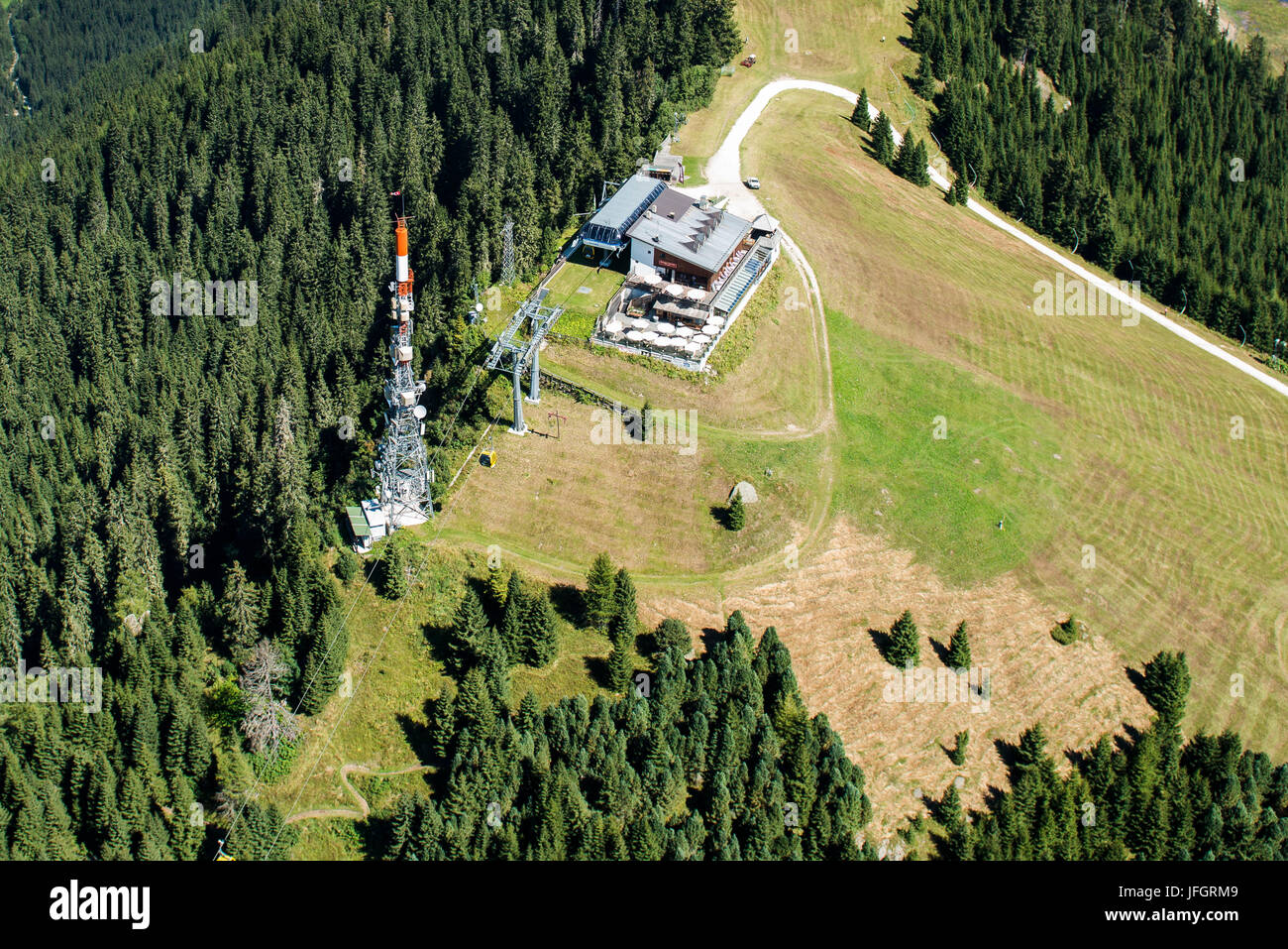 Alta Badia Corvara, col vecchio terminale superiore, le Dolomiti, fotografia aerea, alta valle di montagna, Sud Tirolo, Italia Foto Stock
