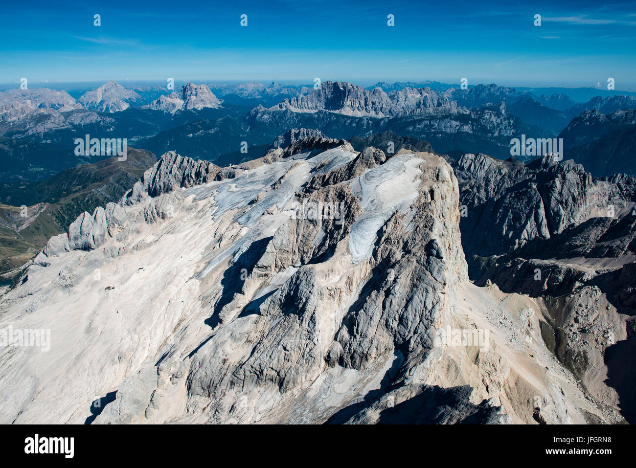 La Marmolada, le Dolomiti, parete bar, Marmoladagletscher, fotografia aerea, alte montagne, Trentino, Italia Foto Stock