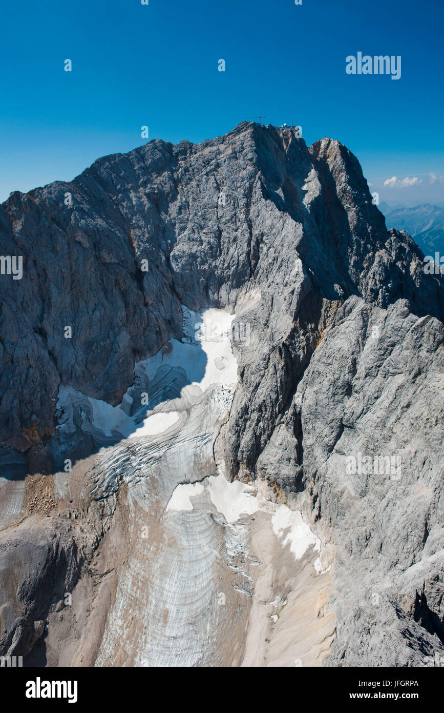 Zugspitze, Höllental-distante, Garmisch-Partenkirchen, cima, fotografia aerea, gamma di Wetterstein, Höllental, Jubiläumsgrat, Baviera, Germania Foto Stock