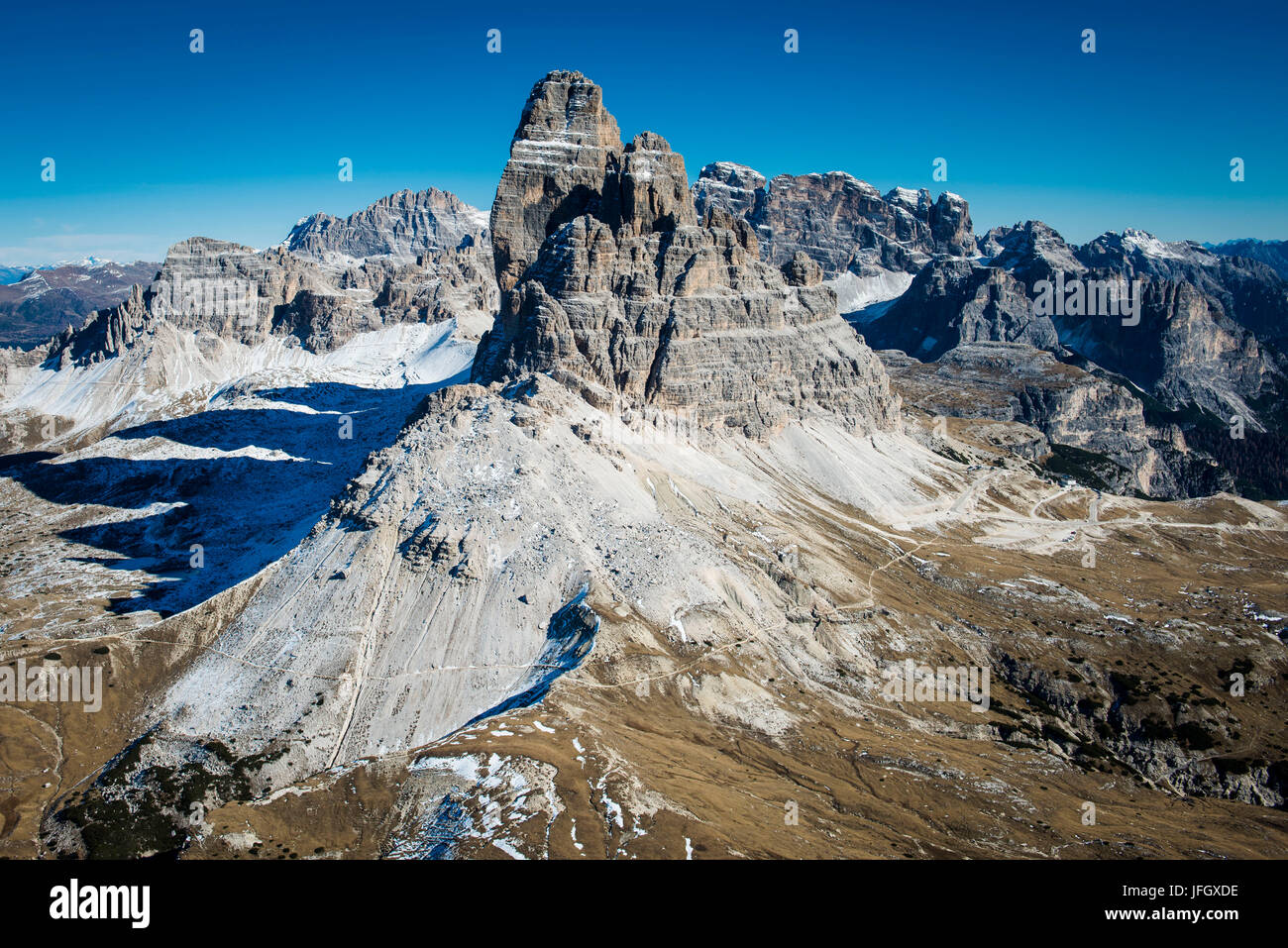 Tre cime delle Dolomiti, autunno, antenna scatti, Sextener dolomiti, Misurina, Ventien, Italia Foto Stock