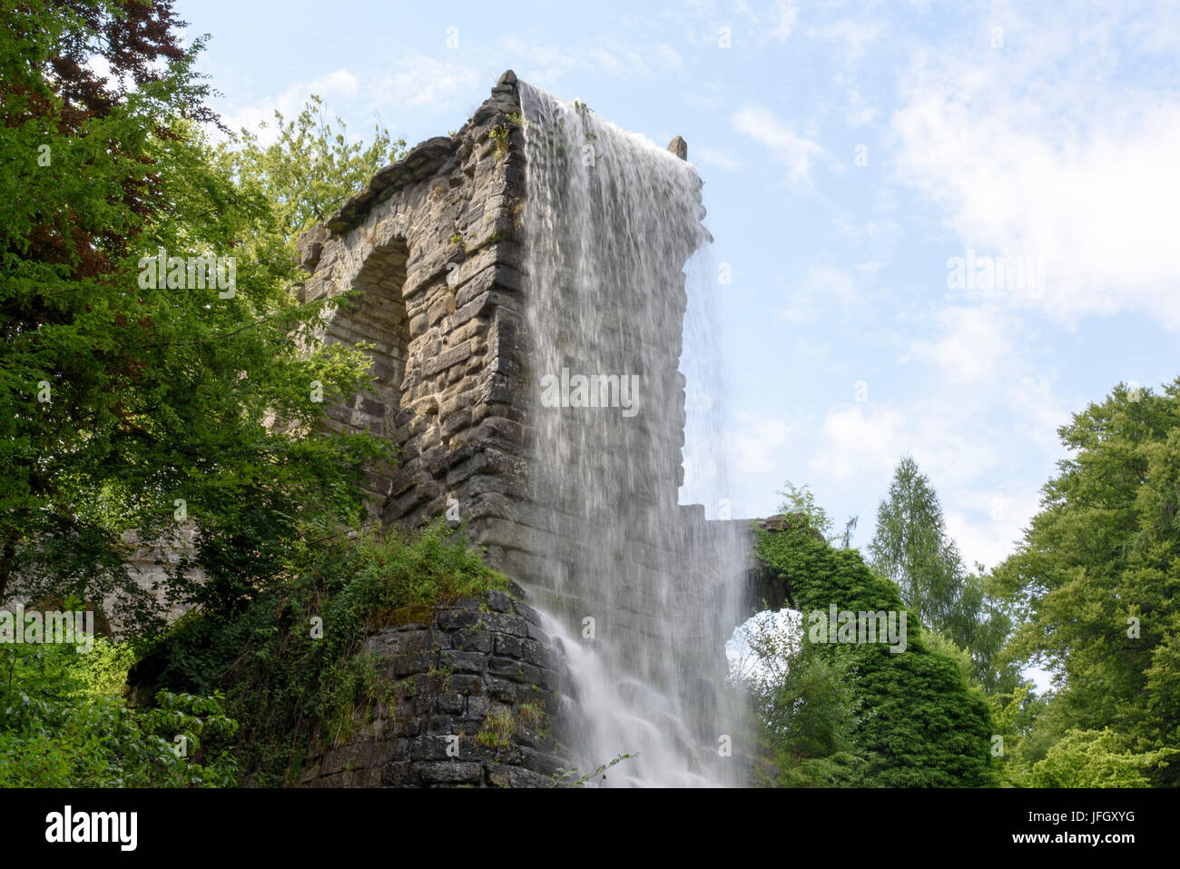 Fontane di acqua parco di montagna Wilhelmshöhe, patrimonio mondiale dell UNESCO, Kassel, Hessen, Germania Foto Stock