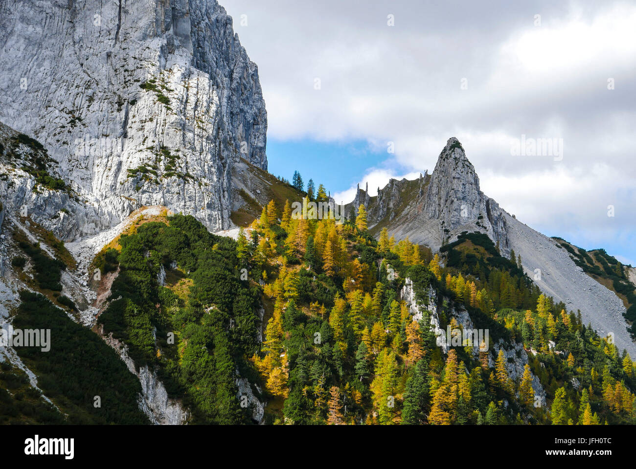 Rocce e legno di autunno del modo per il Lafatscher col, vista Gschnierkopf, Hinterautal, Karwendel, Tirolo Foto Stock