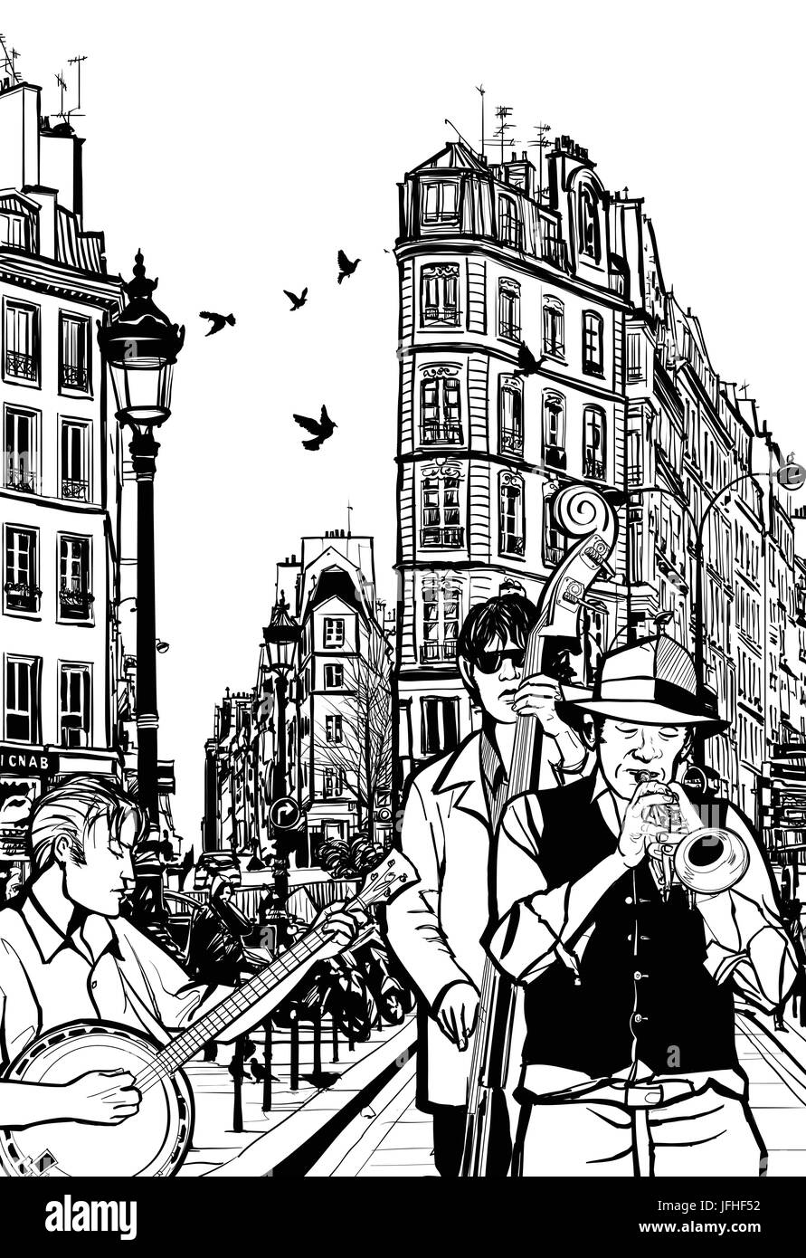 Jazz Band in una strada di Parigi - Illustrazione Vettoriale Illustrazione Vettoriale