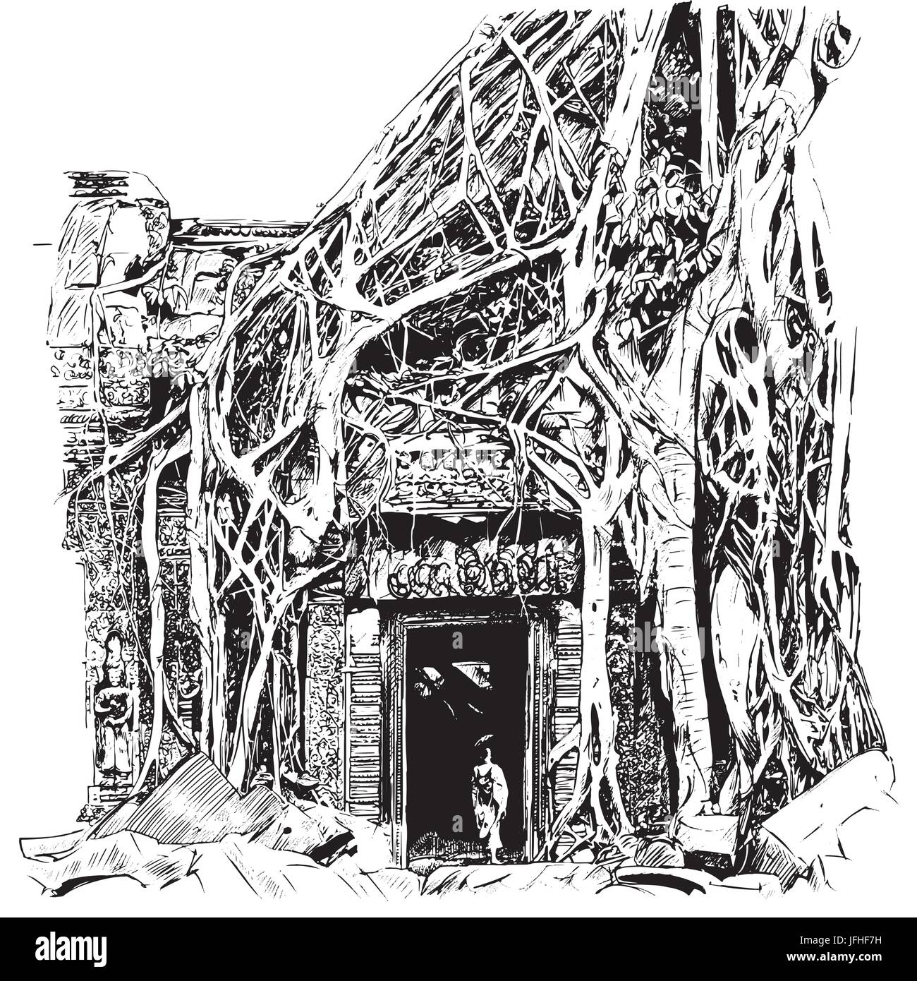 Vista di Ta Phrom in Angkor - Illustrazione Vettoriale Illustrazione Vettoriale