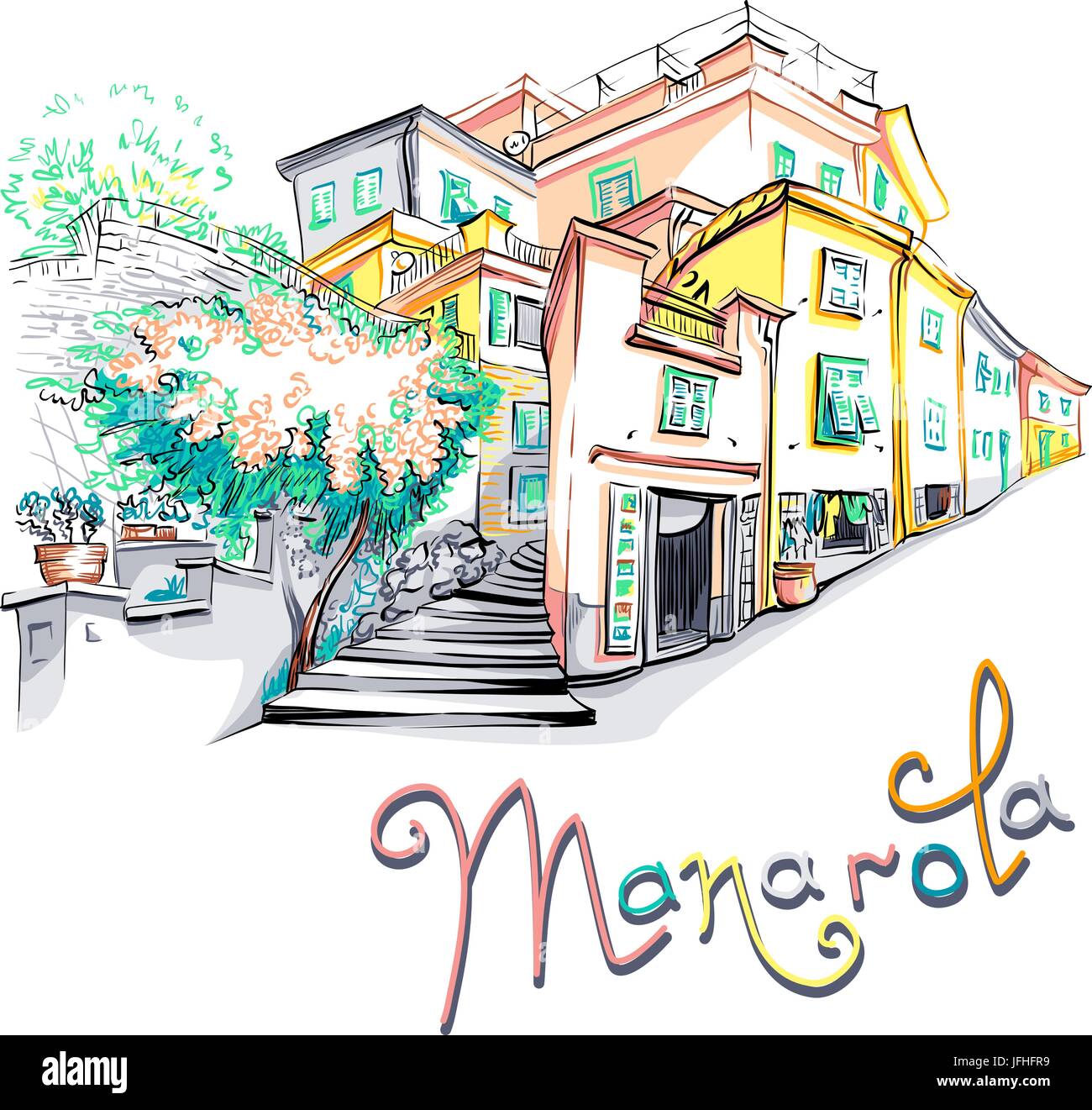 Vettore case colorate a Manarola, Liguria, Italia Illustrazione Vettoriale