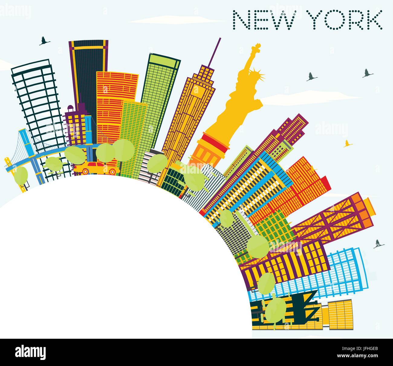 Skyline di New York con edifici di colore, il blu del cielo e spazio di copia. Illustrazione Vettoriale. Viaggi di affari e di turismo con il concetto di architettura moderna. Illustrazione Vettoriale
